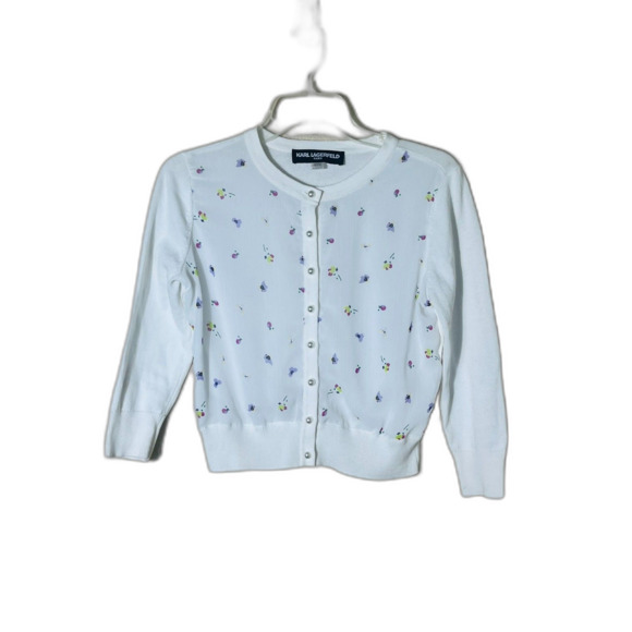 Karl Lagerfeld Paris White Translucent Layered Floral Cropped Cardigan XS - Picture 1 of 8